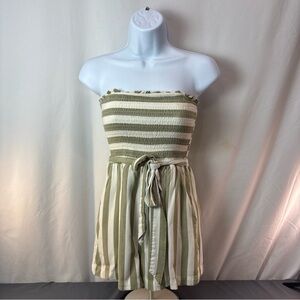 American Eagle Olive Green and White Stripe Strapless Belted Romper Size XSmall